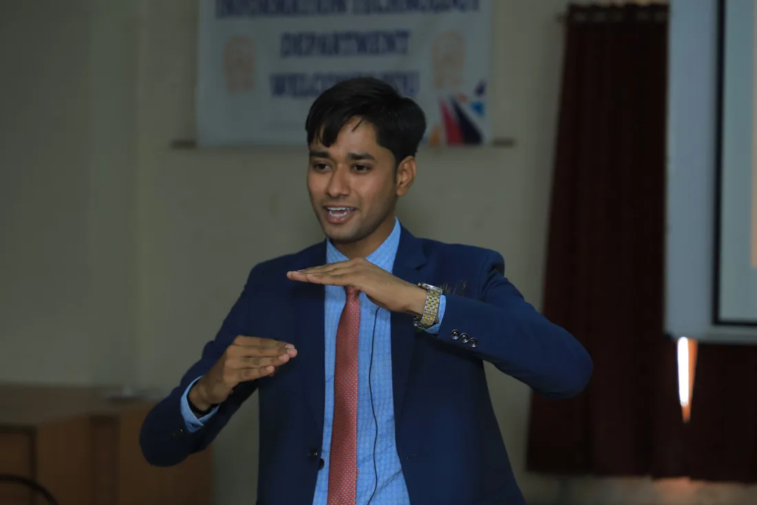 Nirmal Rabari delivering an AI keynote to a corporate audience in India